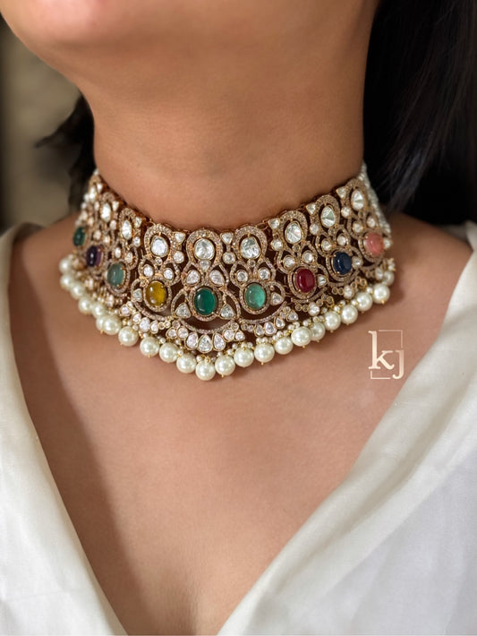 Rajwadi navratna choker set