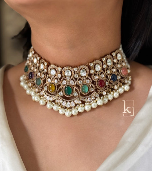 Rajwadi navratna choker set
