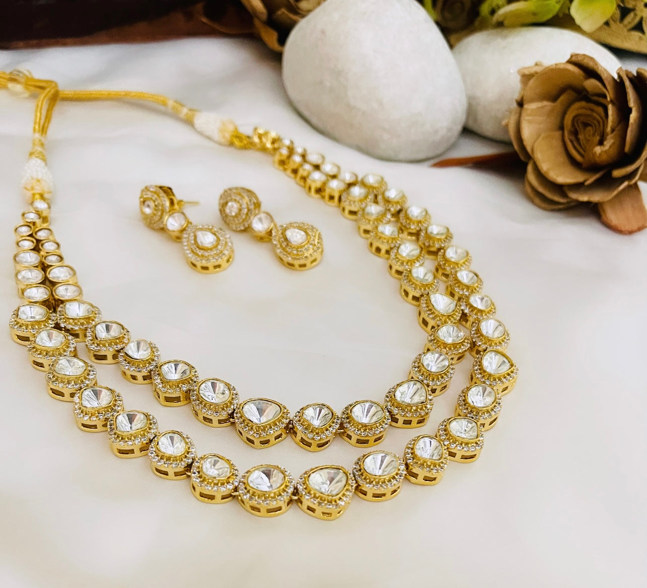 Jasmine double layer elegant polki necklace set