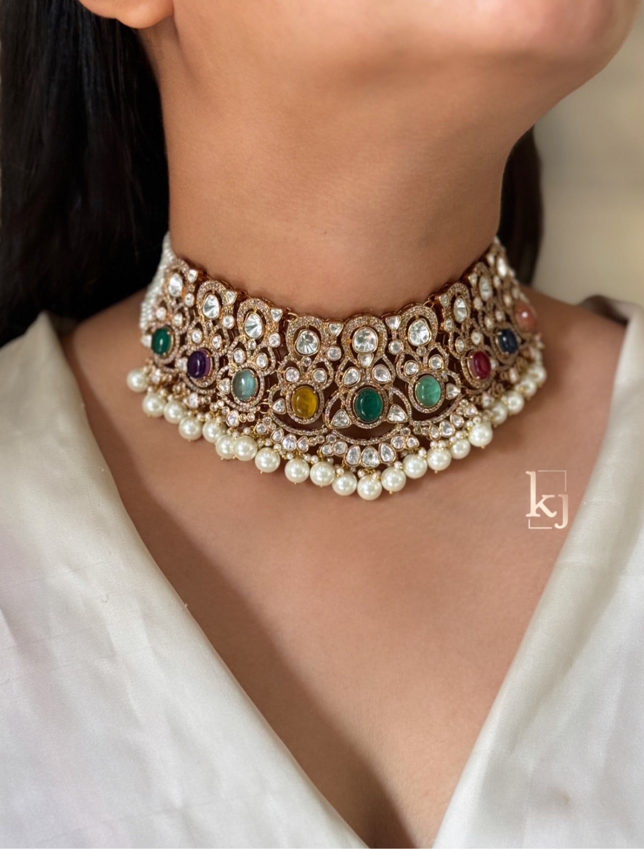Rajwadi navratna choker set