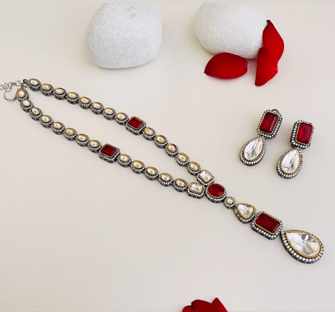 Ruby Red Moissanite Kundan Pendant With Earrings