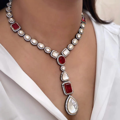 Ruby Red Moissanite Kundan Pendant With Earrings