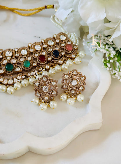 Rajwadi navratna choker set