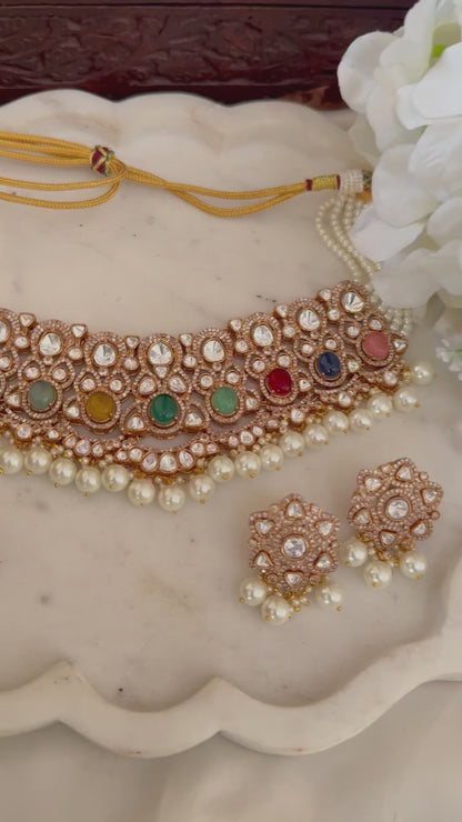 Rajwadi navratna choker set