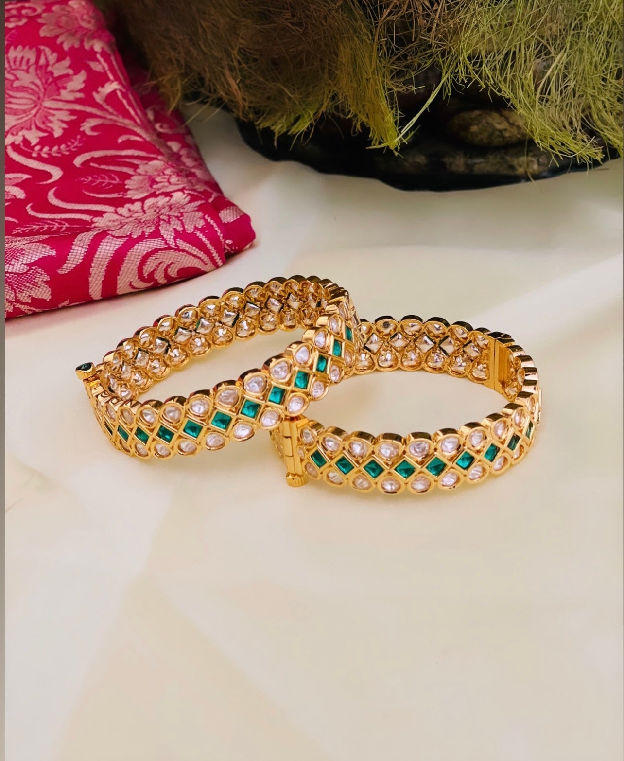 Ifra Gold Plated Green Polki Bangles